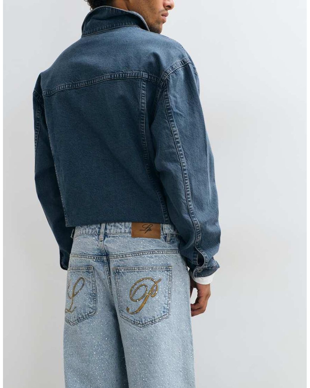 Liquor N Poker Blue Relaxed baggy Rhinestone Detail Jeans for men
