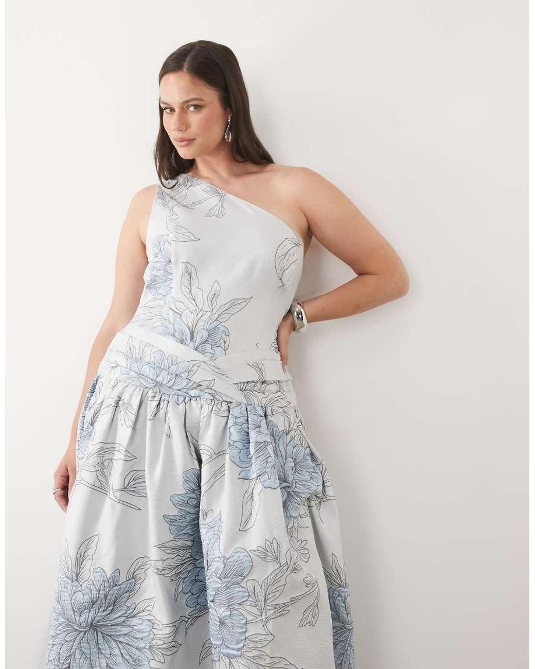 ASOS Blue Curve Jacquard Maxi Dress With One Shoulder Detail