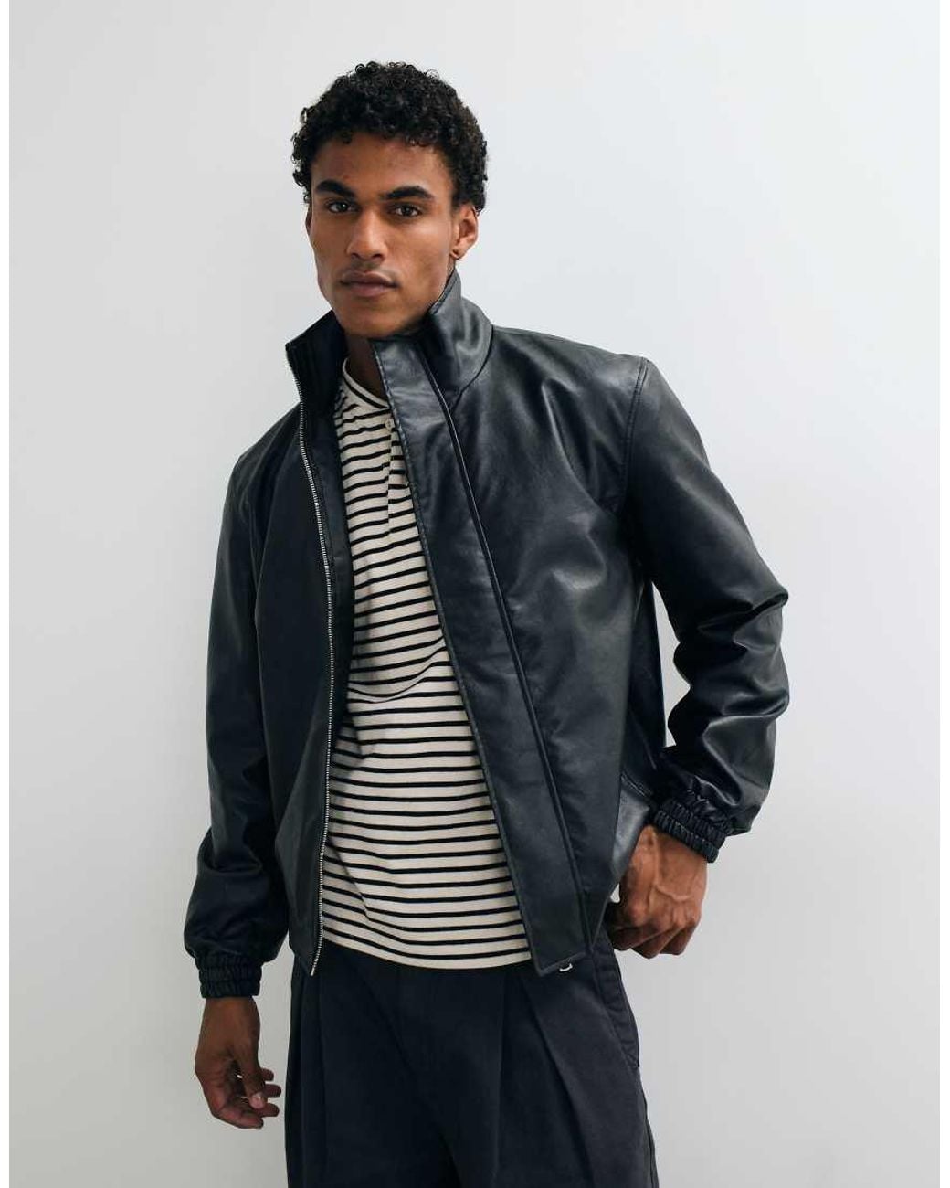 Jack & Jones Blue High Neck Pu Leather Jacket for men