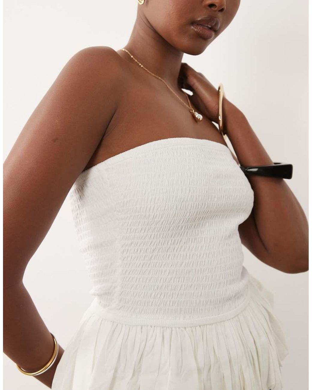ASOS White Shirred Ruffle Hem Bandeau Top