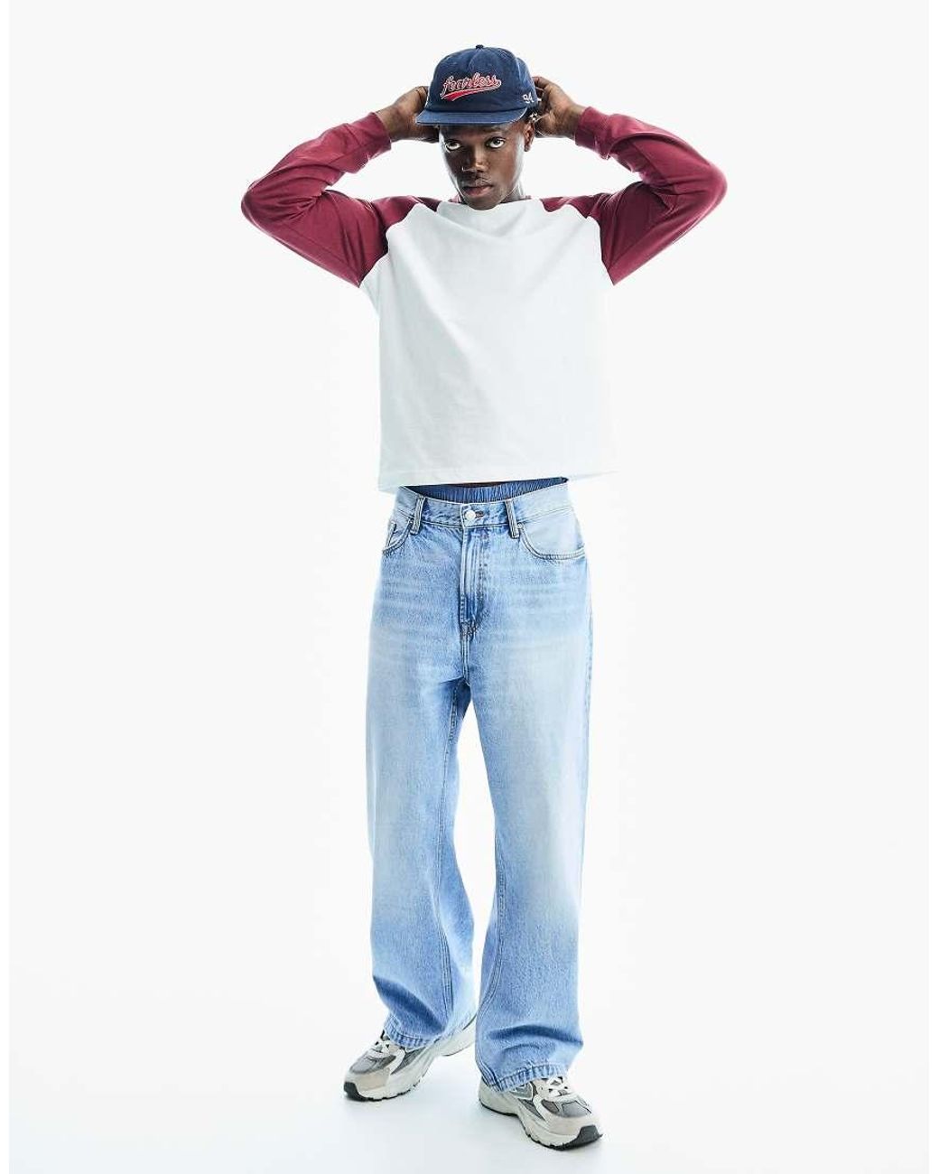 Bershka Blue Tall Baggy Jeans for men
