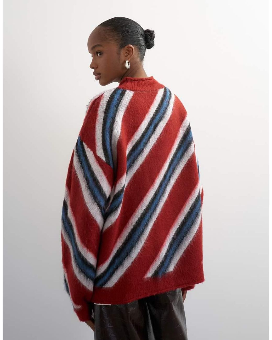 TOPSHOP Red Knitted Roll Edge Stripe Sweater