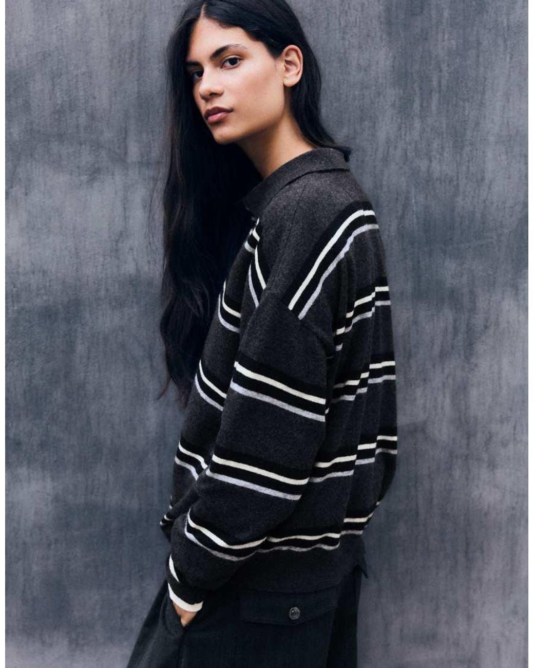 Bershka Gray Striped Polo Neck Sweater