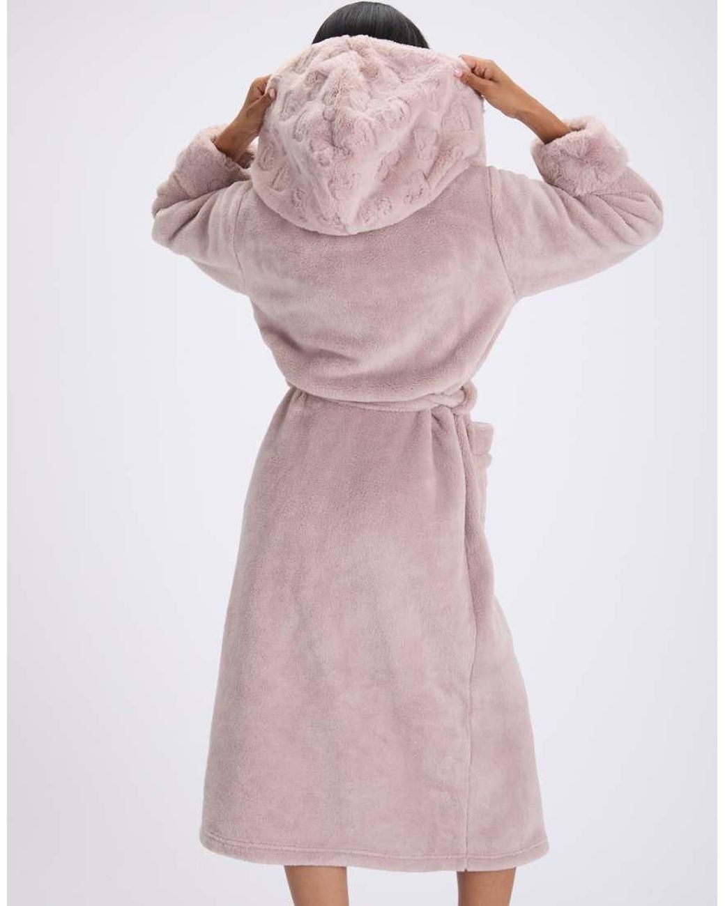 Boux Avenue Pink Heart Fur Trim Long Dressing Gown Soft Bathrobe With Hood