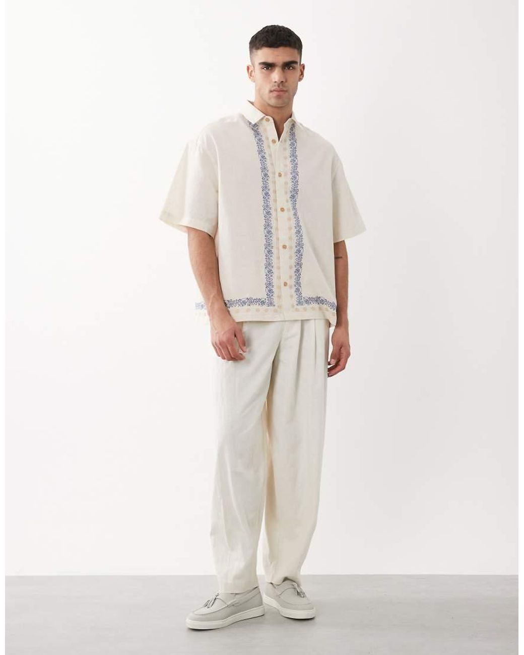 ASOS White Oversized Shirt With Linen And Border Embroidery for men