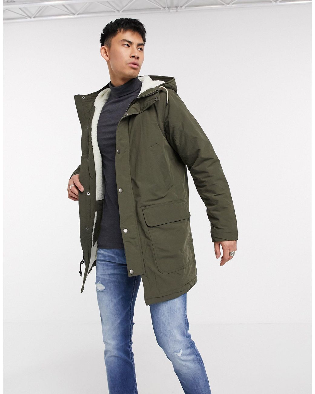 Abercrombie & Fitch Sherpa Lined Hooded Parka Jacket in Green for Men ...