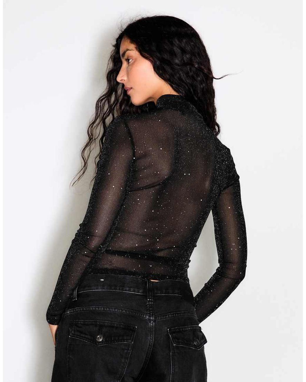 Bershka Black Metallic-thread Long Sleeve T-shirt