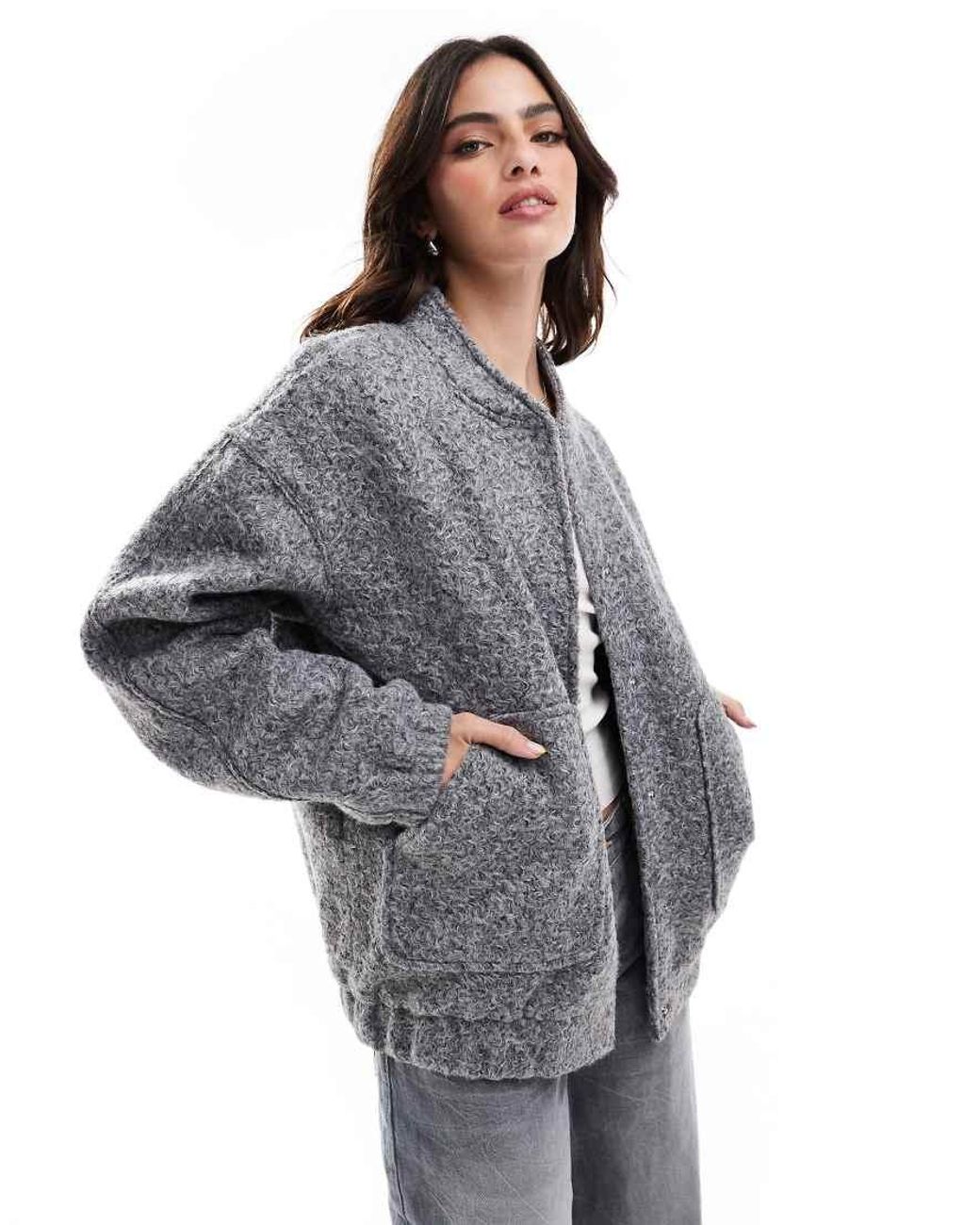 Vero Moda Gray Amber Drop Shoulder Bomber Press-stud Fastening Jacket