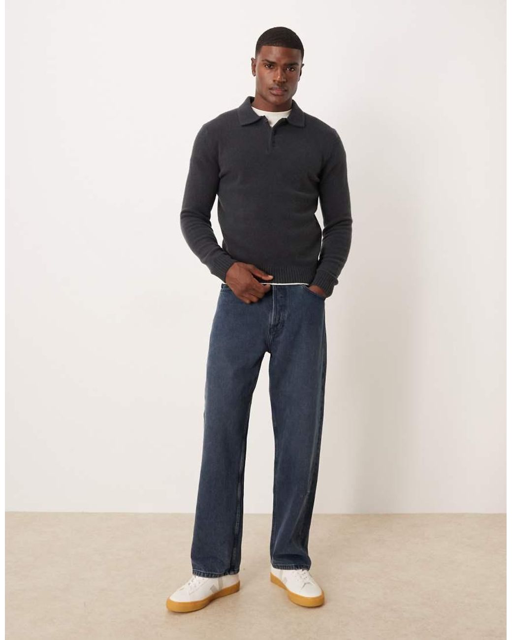 Mango Blue Split Neck Knitted Polo Jumper for men