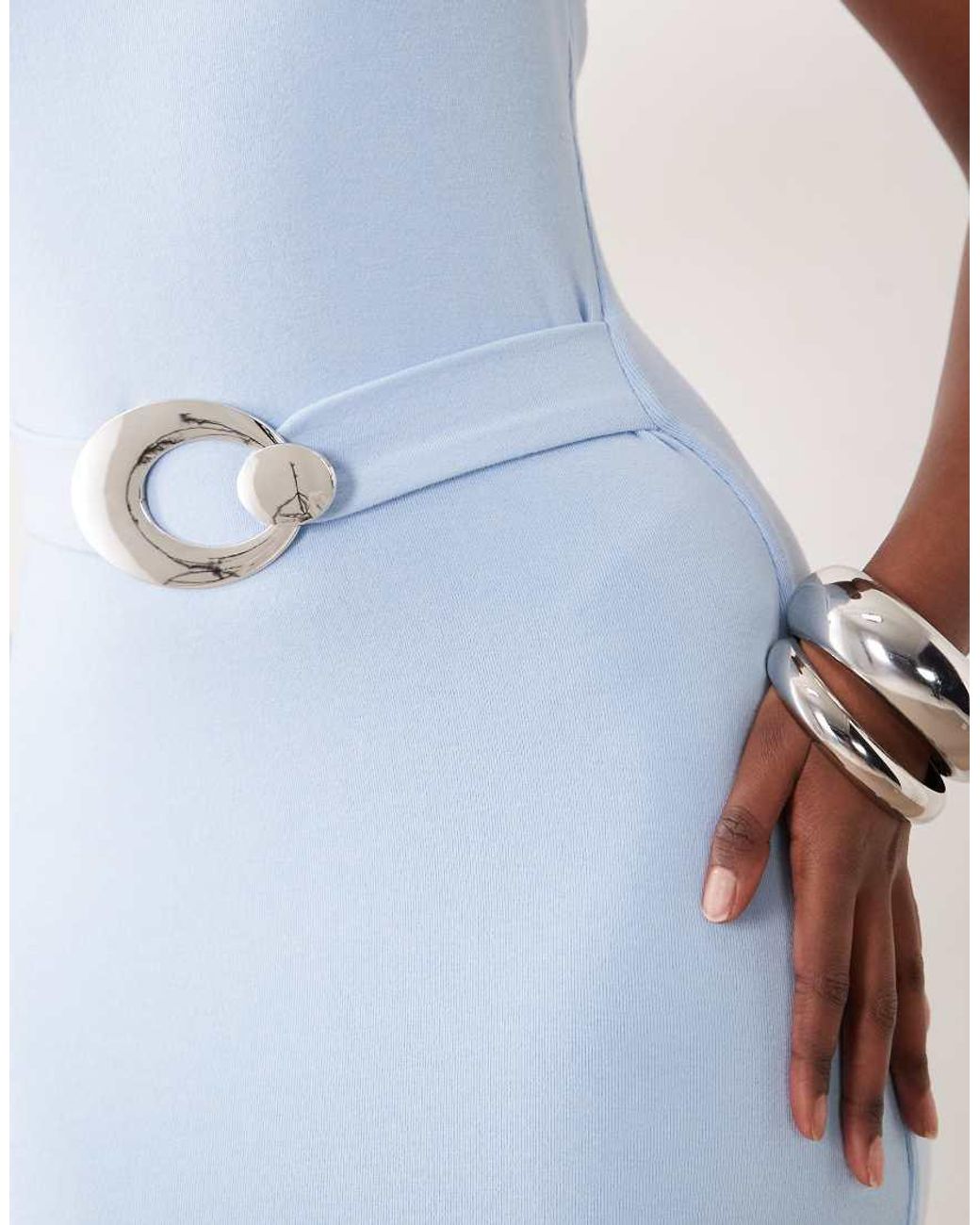 Noughts & Kisses Blue Cotton Blend Soft Touch Halterneck Hardware Detail Maxi Dress
