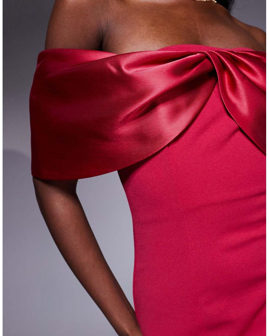 Goddiva Red Twist Knot Satin & Scuba Bardot High Low Midi Dress