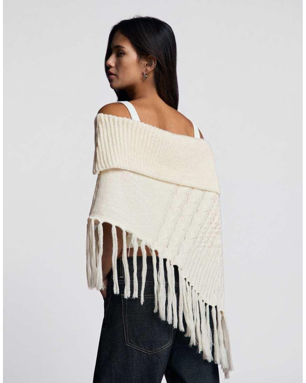 Bershka Gray Cable-Knit Poncho With Fringing