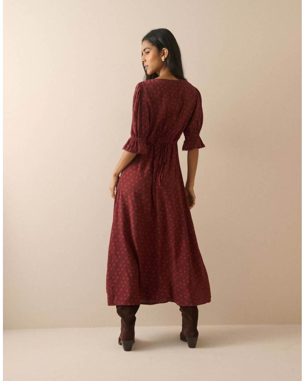 Nobody's Child Red Floral Frill Trim Winslet Midi Dress