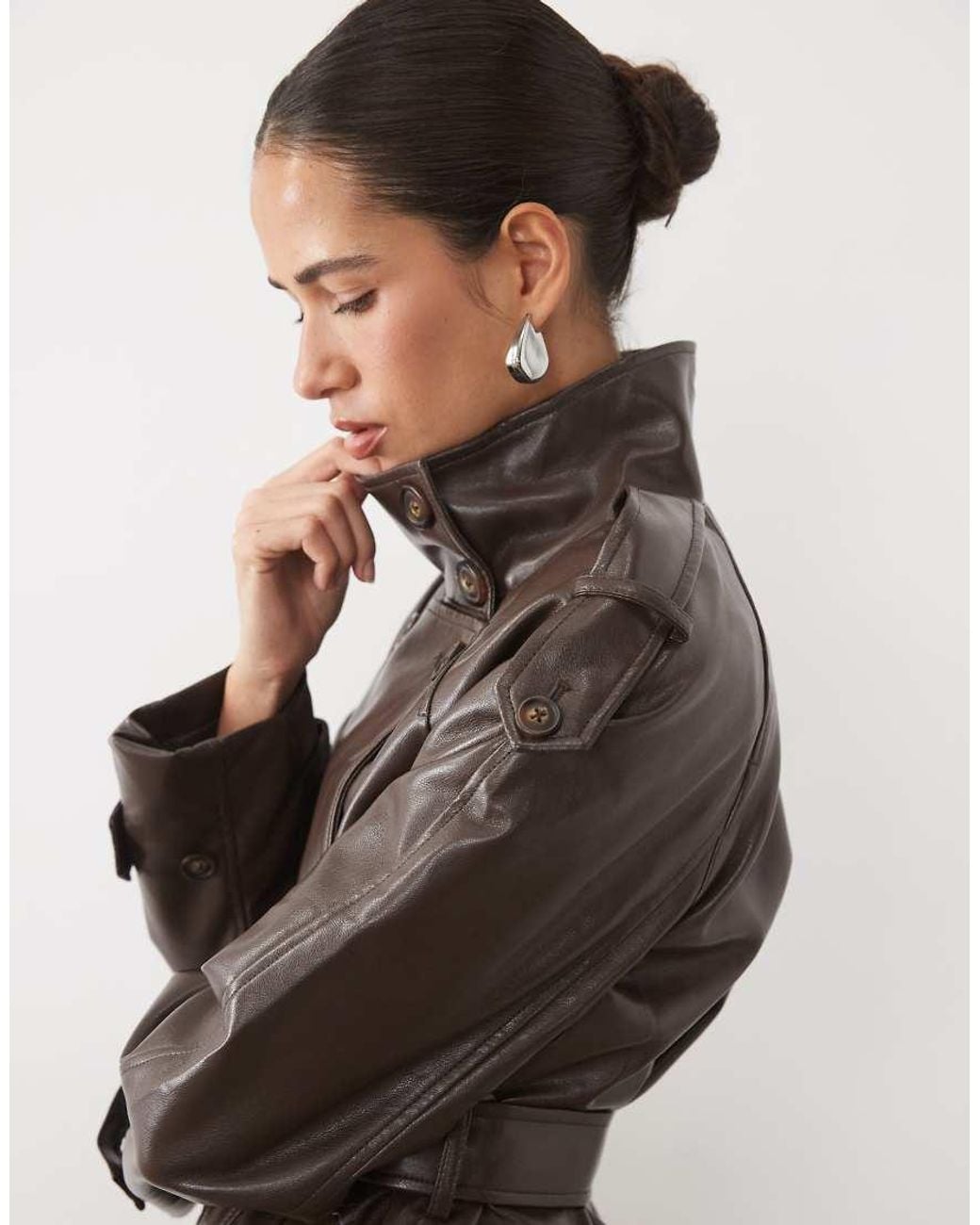 New Look Gray Faux Leather Funnel Neck Mac