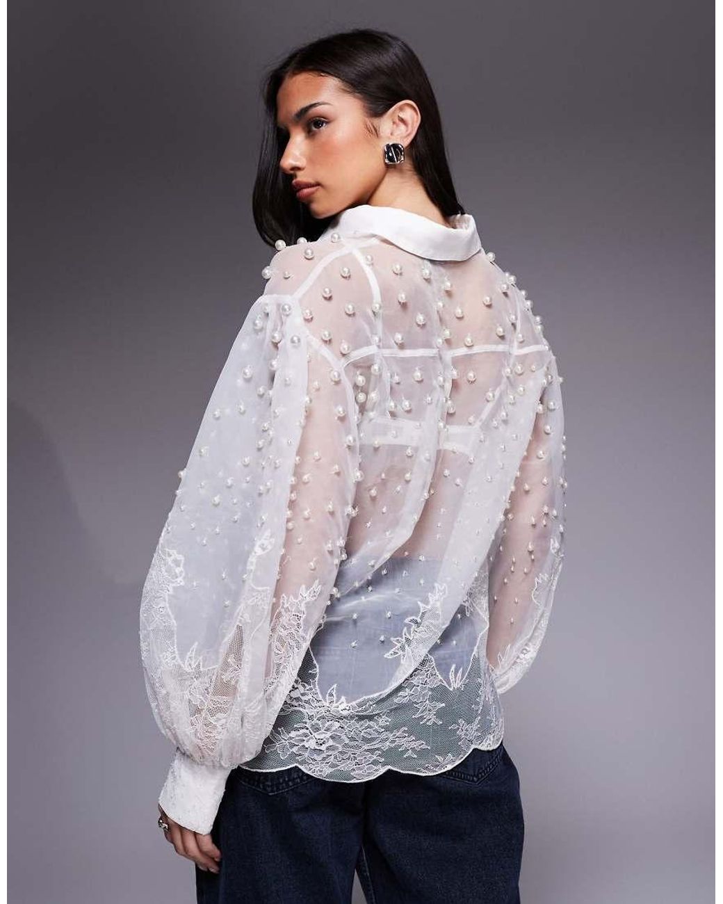 ASOS Gray Organza And Lace Mix Pearl Embellished Shirt