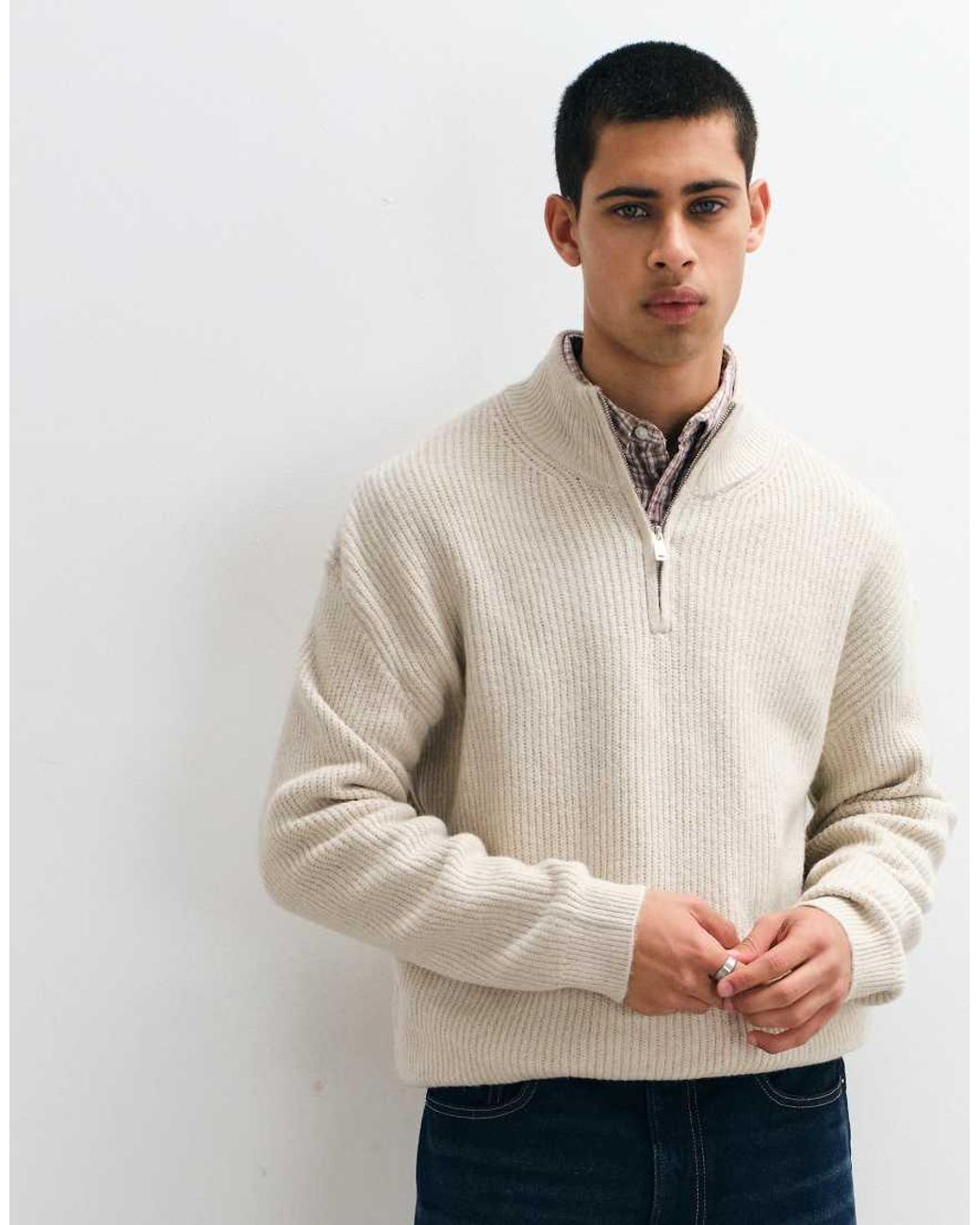 New Look Natural Fisherman Knit 1/4 Zip Jumper for men