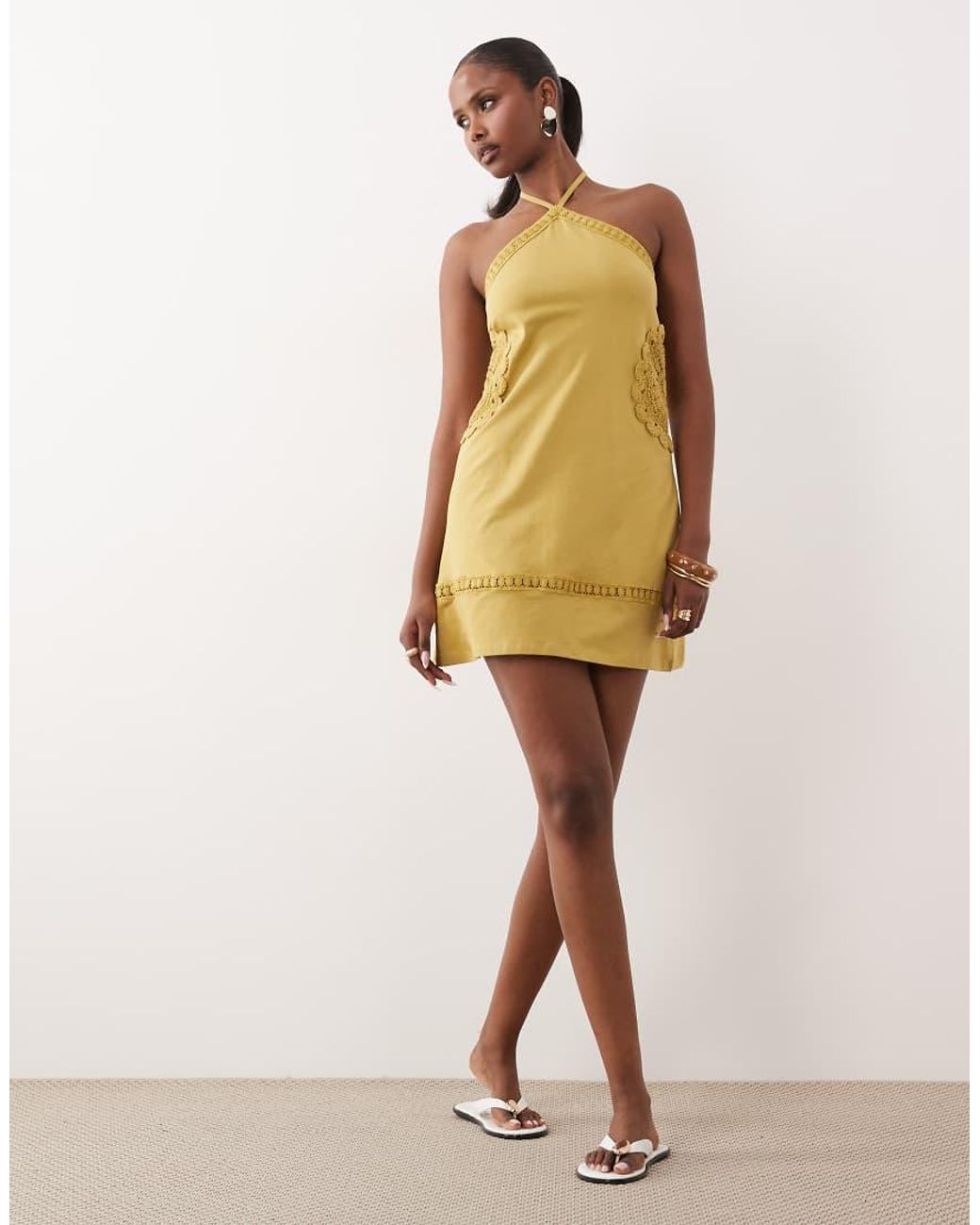 ASOS Green Fit And Flare Crochet Patch Halter Mini Dress
