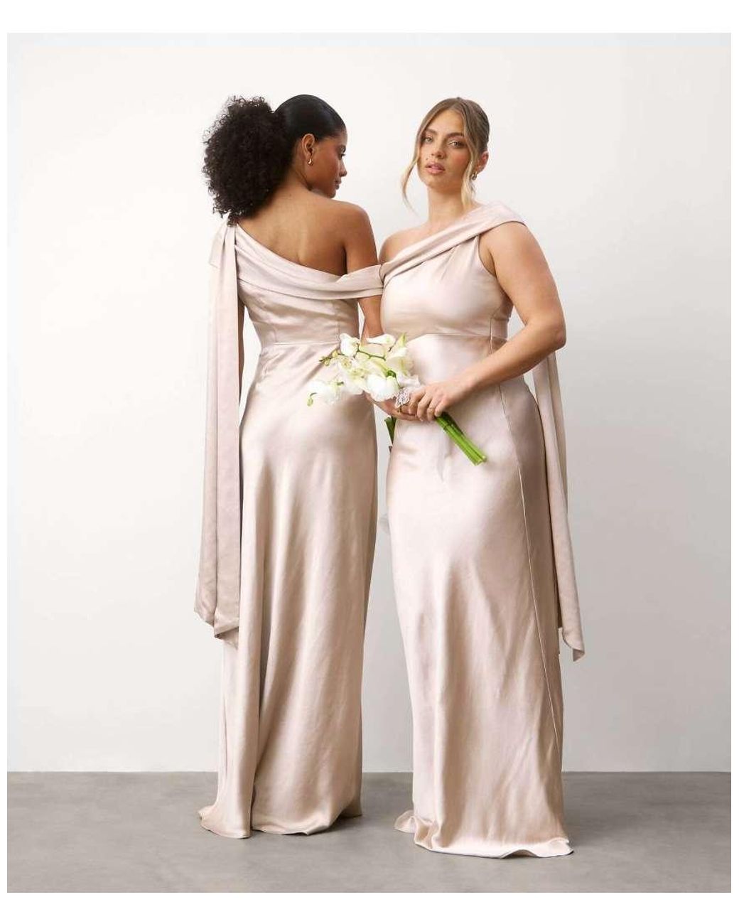 Six Stories White One Shoulder Drape Satin Bridesmaid Dress