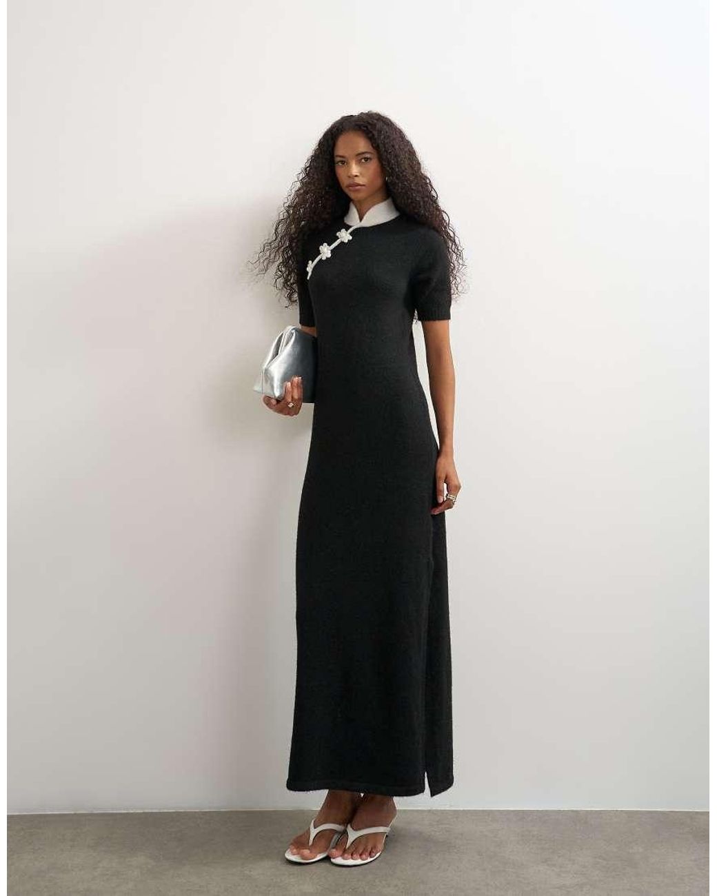 TOPSHOP Black Knitted Short Sleeve Mandarin Collar Maxi Dress With Wool