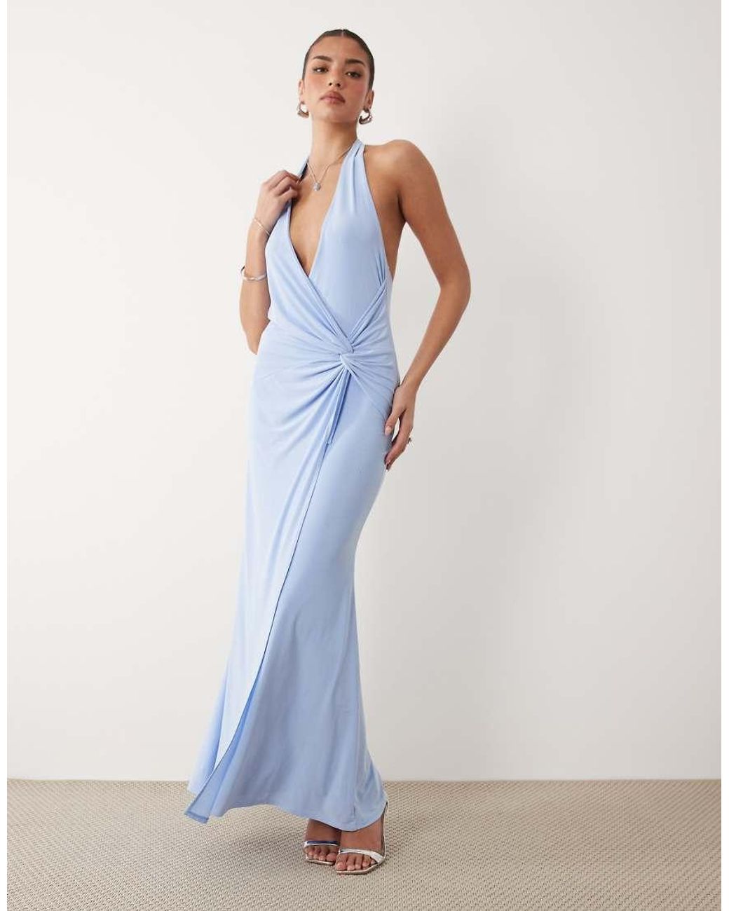 ASOS Blue Twist Detail Plunge Slinky Maxi Dress