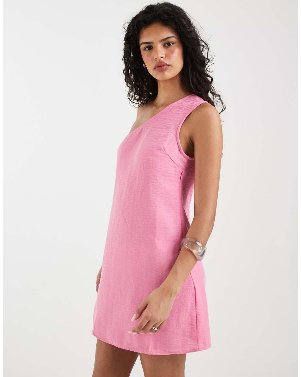 Vero Moda Pink Linen-look One-shoulder Mini Dress
