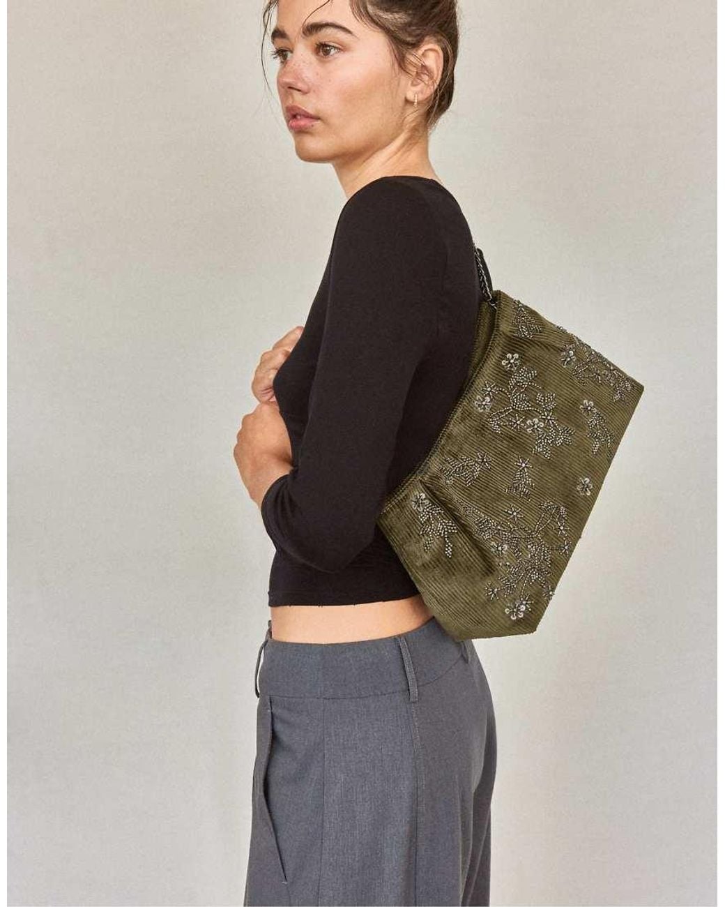 Stradivarius Green Embroidered Clutch Bag