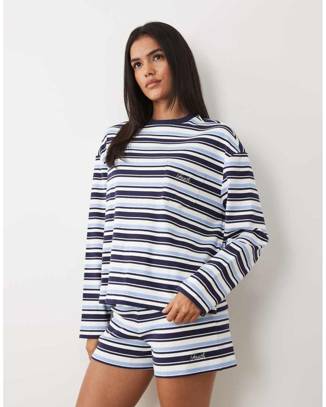 4th & Reckless Blue Cotton Rich Pocket Front Embroidered Logo Wide Sleeve T-shirt Co-ord