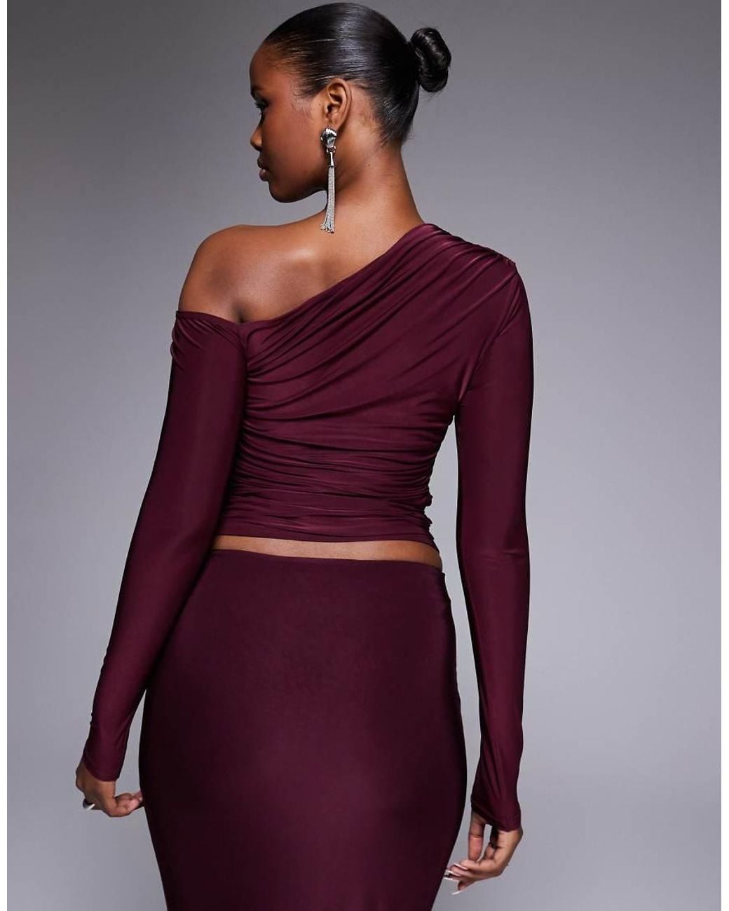 Kaiia Purple Exclusive Double Layered Slinky Off Shoulder Long Sleeve Top Co-Ord