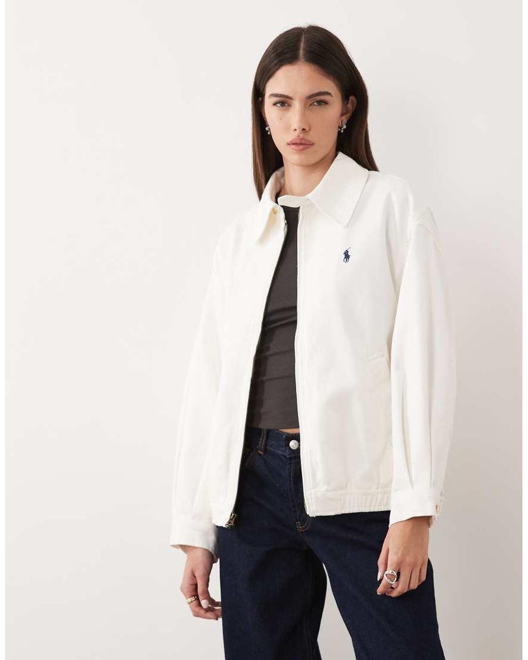 Polo Ralph Lauren White Icon Logo Cotton Twill Oversized Fit Harrington Bomber