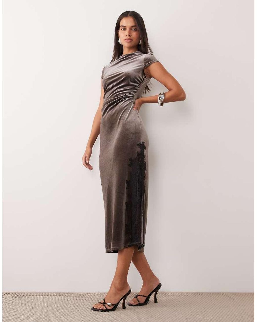 Nobody's Child Natural Manon Velvet High Neck Cap Sleeve Midi Dress