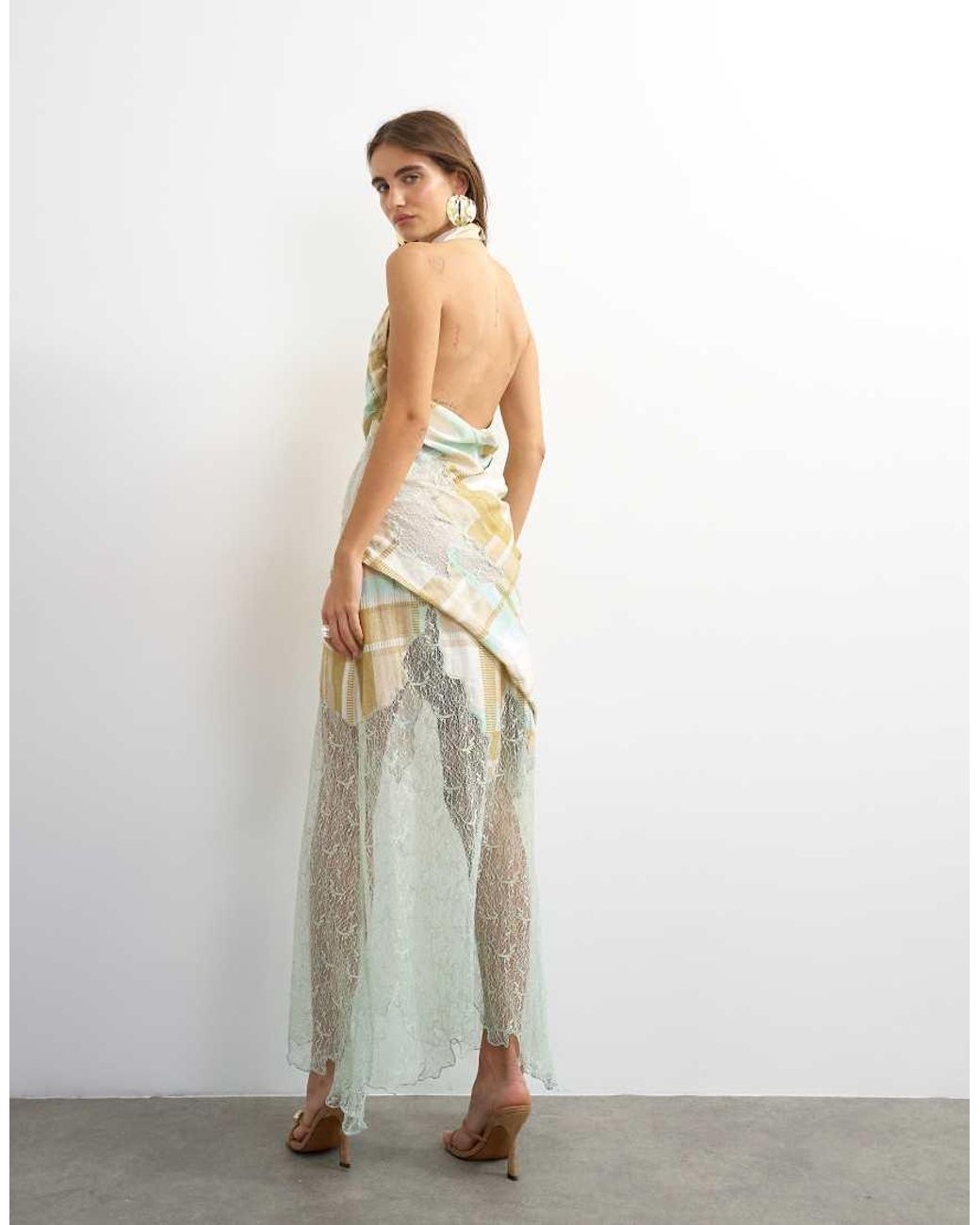 TOPSHOP Multicolor Premium Linen Blend Halter Neck Lace Hem Occasion Maxi Dress