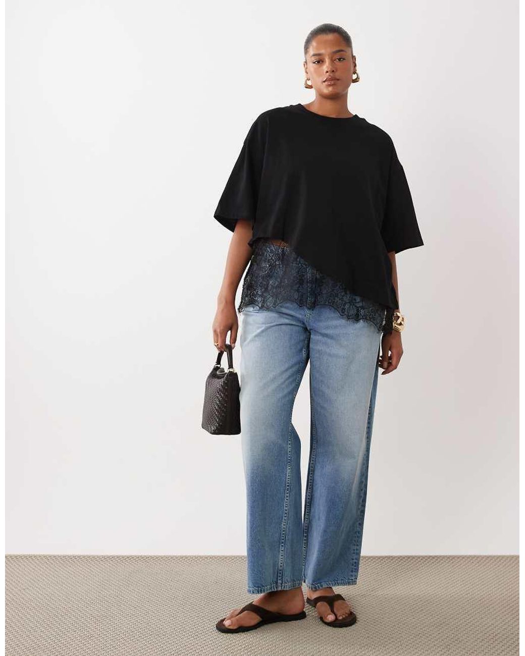 ASOS Black Asos Design Curve Short Sleeve T-shirt With Lace Hem