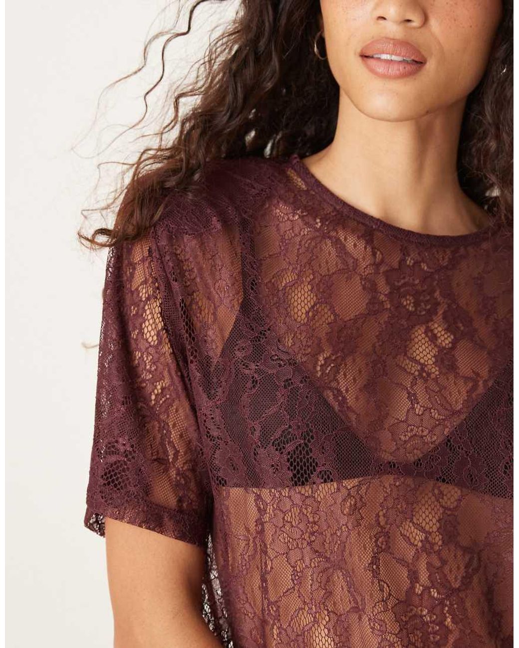ASOS Red Lace Boxy Sheer Tee With Shoulder Pads
