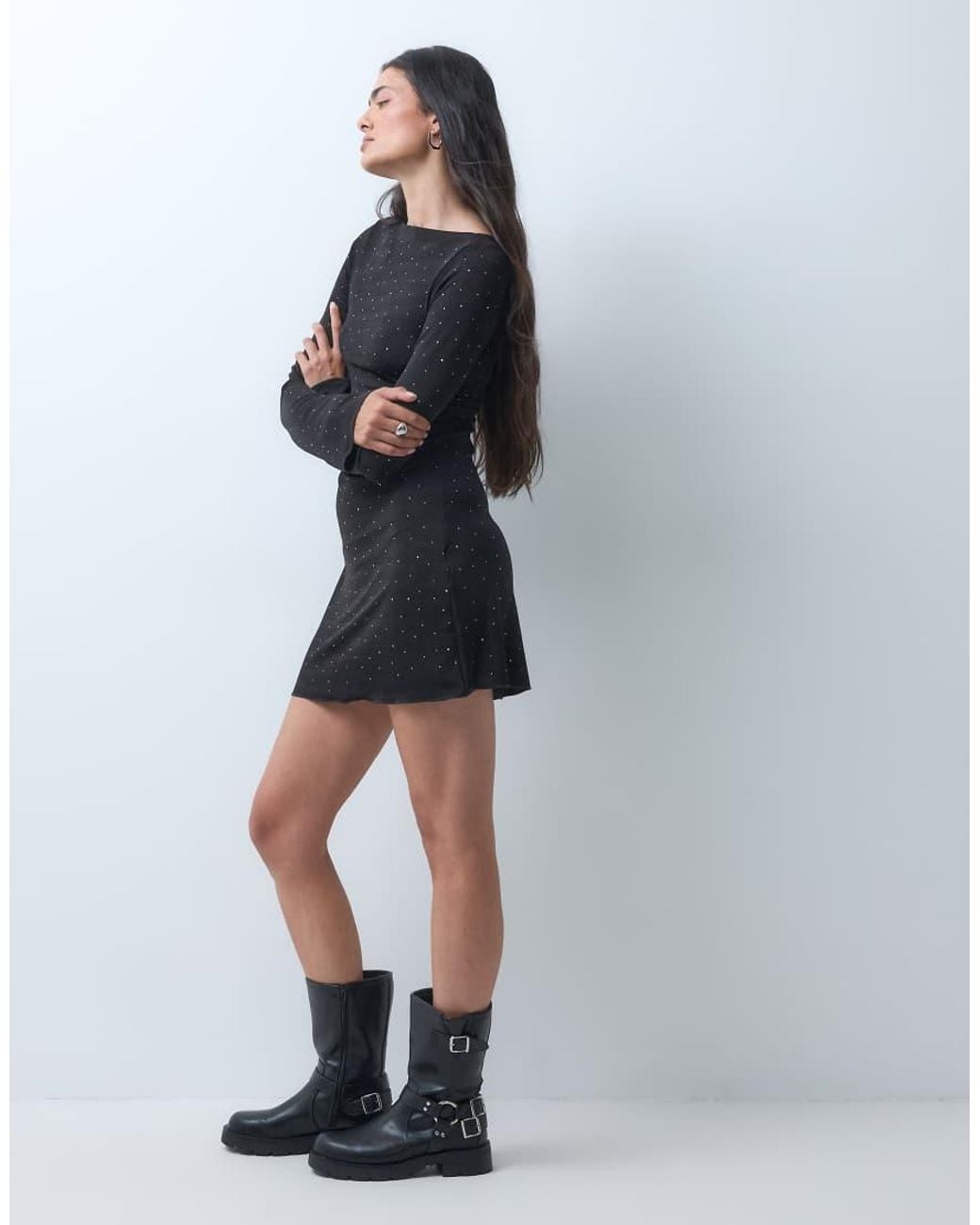 Monki Blue Long Sleeve Boatneck Mini Dress With Studs
