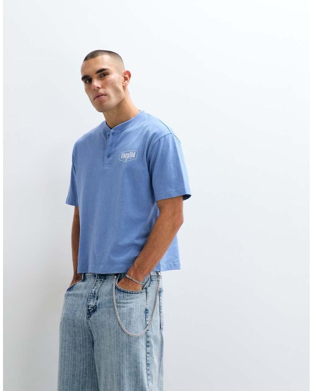ASOS Blue Heavyweight Boxy Relaxed T-shirt With Henely Neck And Chest Text Graphic for men