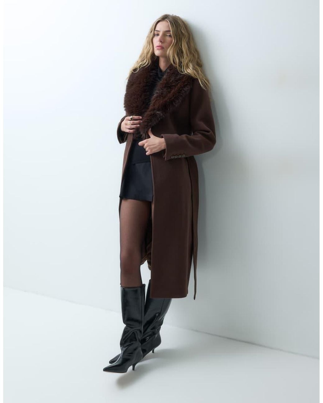 Forever New Brown Formal Belted Detachable Faux Fur Collar Longline Coat