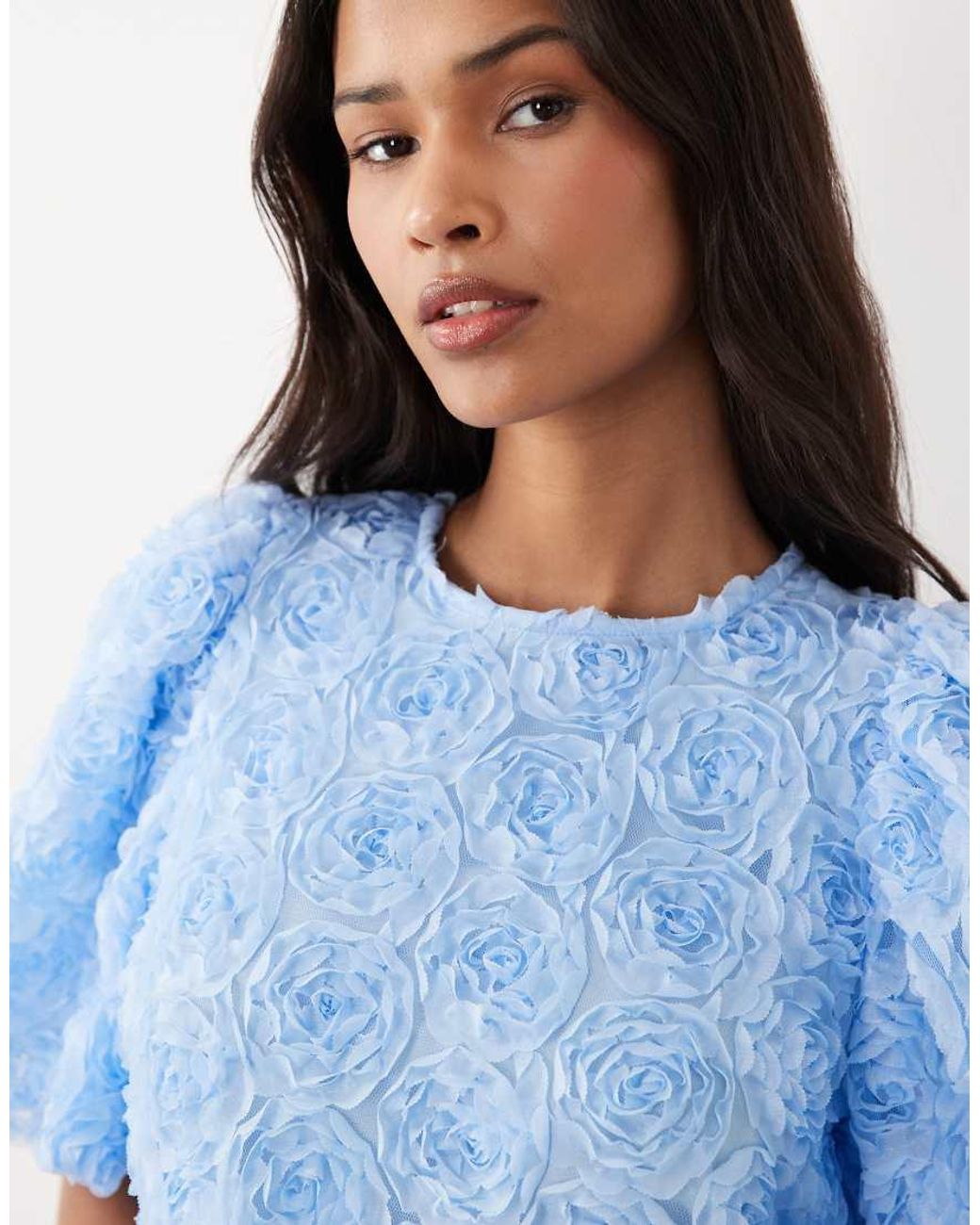 Vila Blue Floral Jacquard Short Sleeve Top