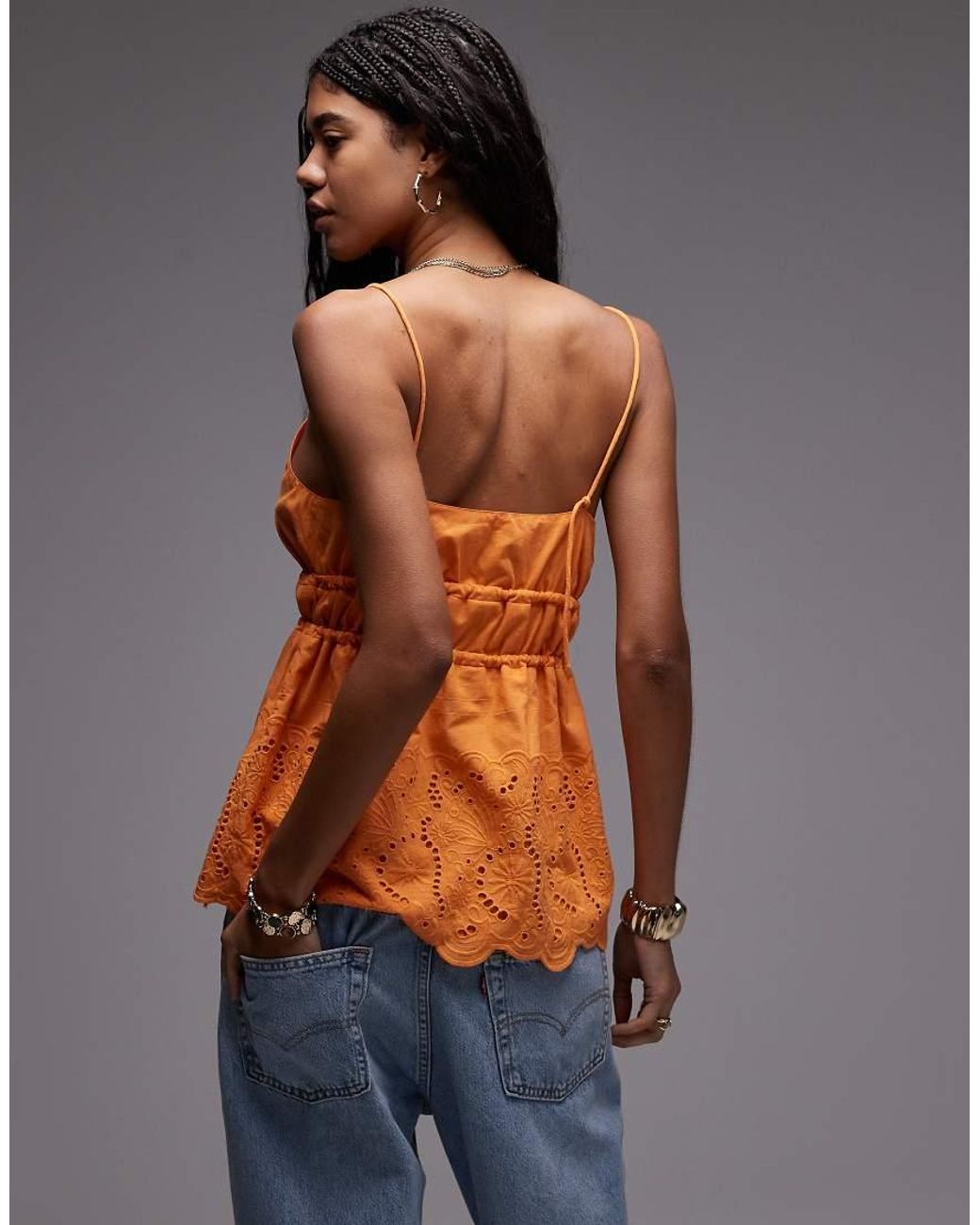 TOPSHOP Blue Cutwork Tiered Tie Front Cami Top