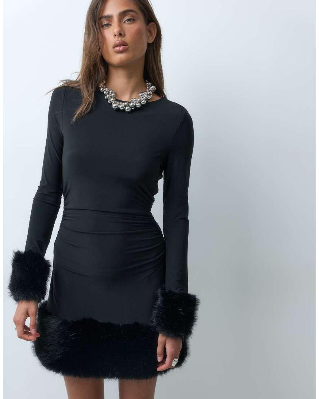 Forever New Blue Faux Fur Boat Neck Long Sleeve Mini Dress