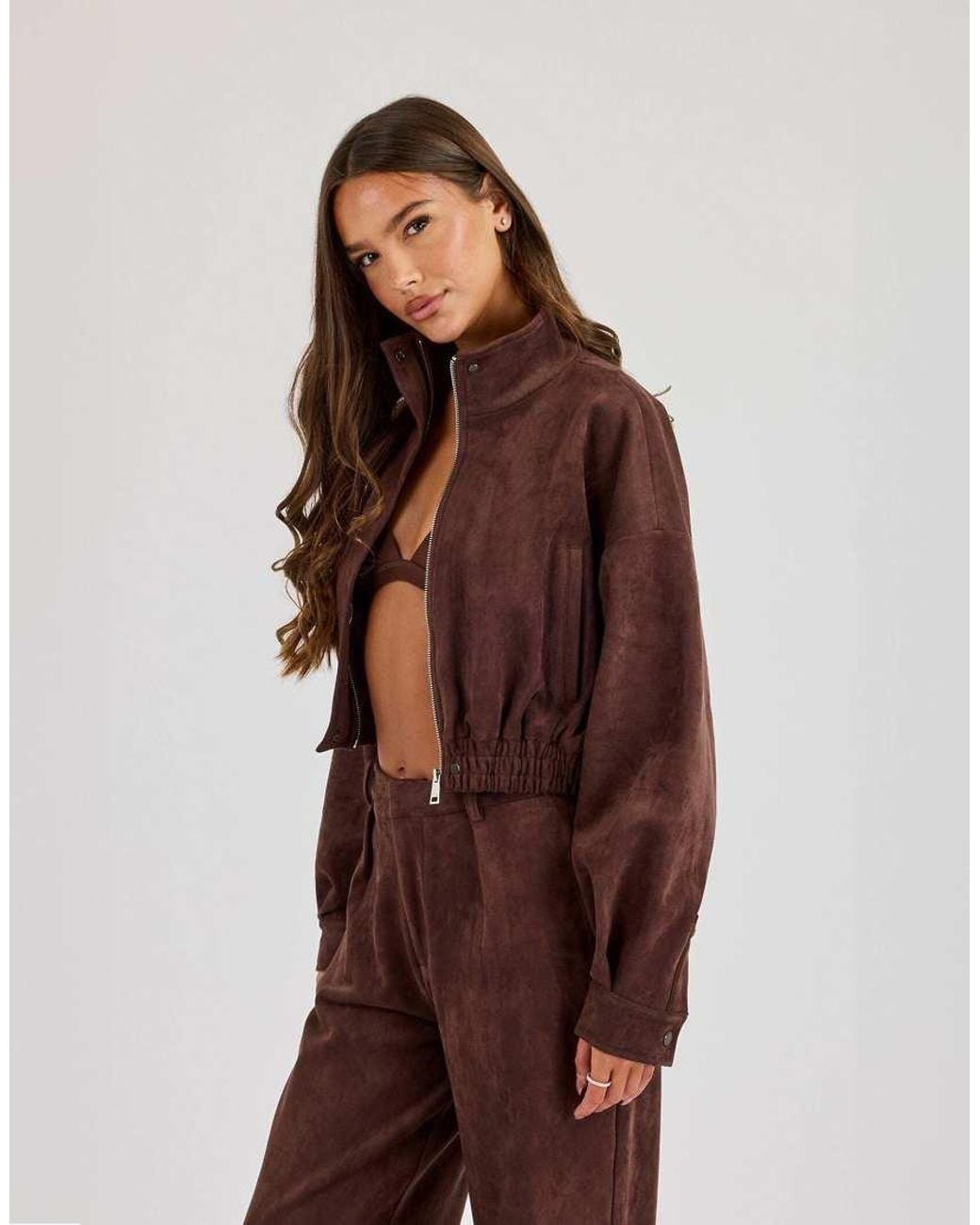 CERNUCCI Brown Suede Cropped Funnel Neck Jacket