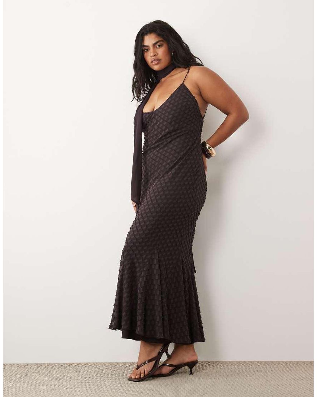 ASOS Black Asos Design Curve Bias Plunge Cami Maxi Dress With Full Godets And Scarf Detail