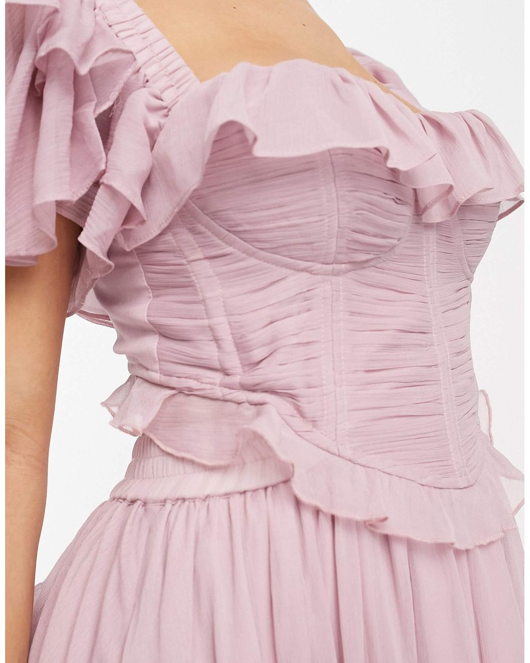 ASOS Flutter Sleeve Ruched Corset Detail Tiered Midi Dress in Pink | Lyst