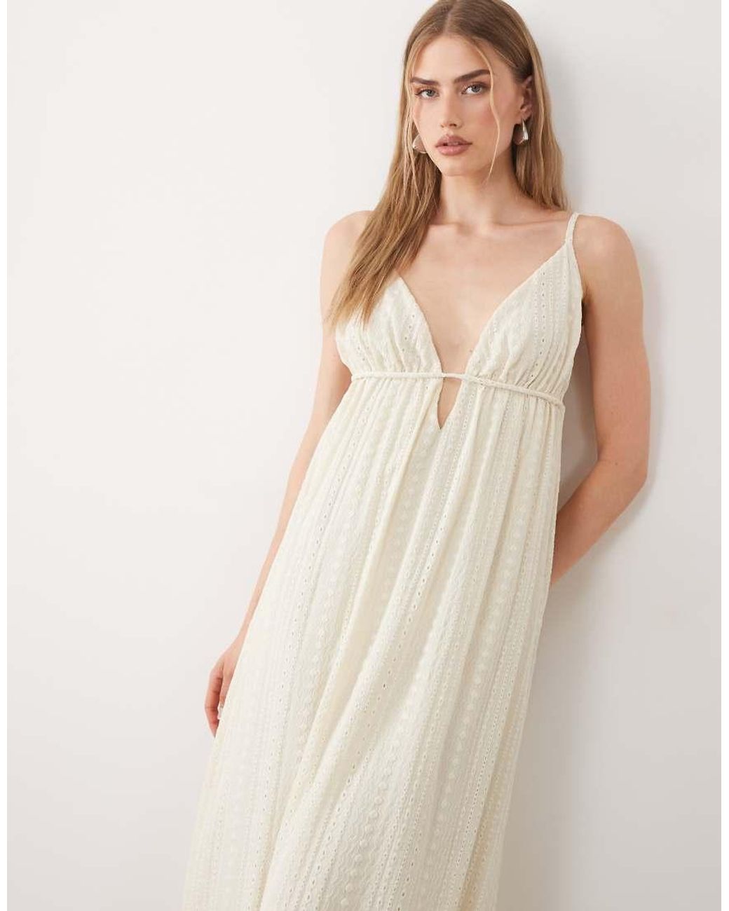ASOS Natural Broderie V Neck Midi Dress