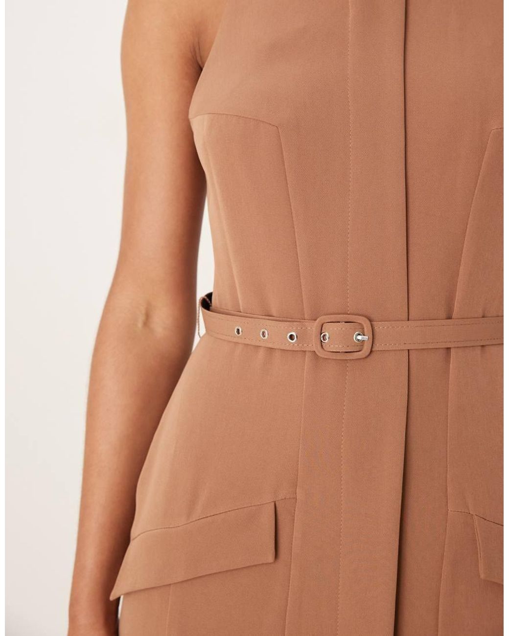 ASOS Natural Slash Neck Belted Midi Dress With Pockets