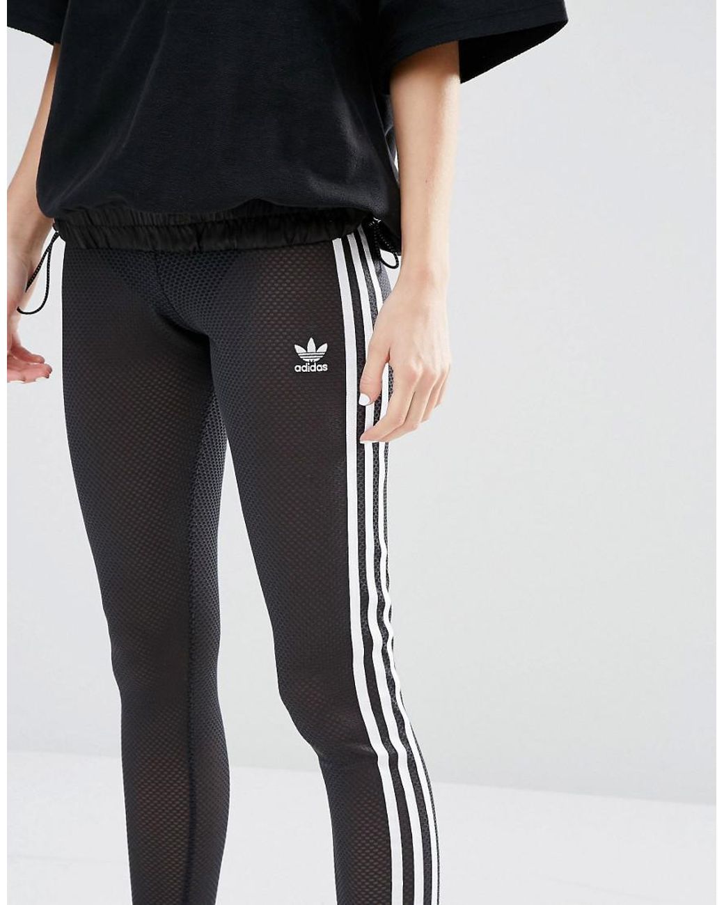 adidas Originals Mesh Three Stripe Leggings in Black | Lyst