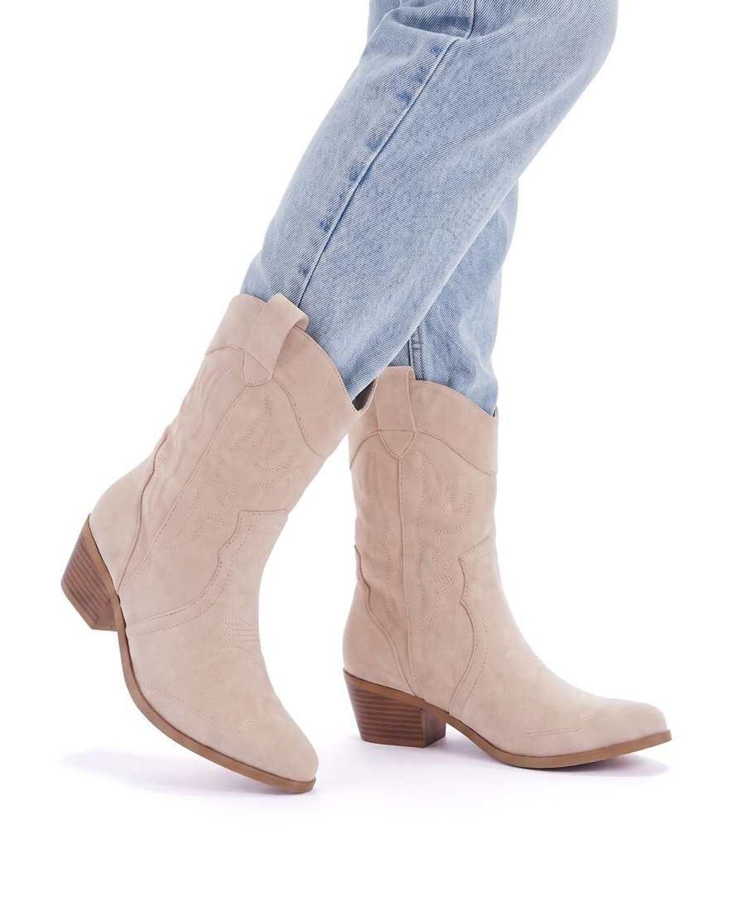 SEQWL Wide Fit Natural Western Cowboy Mid Calf Boots With Embroidered Detail