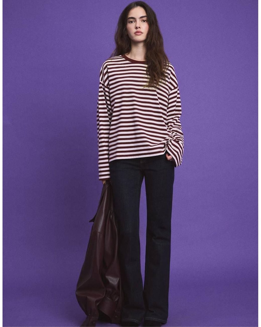Stradivarius Purple Oversize Striped Long Sleeve T-Shirt