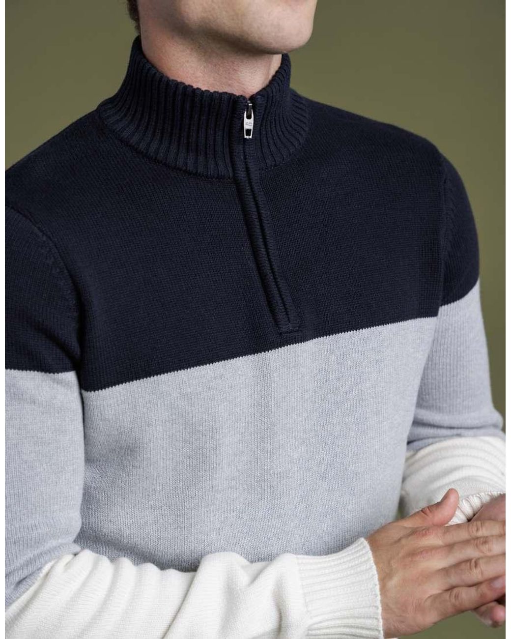 French Connection Green Cotton Colourblock 1/2 Zip Knitted Jumper for men