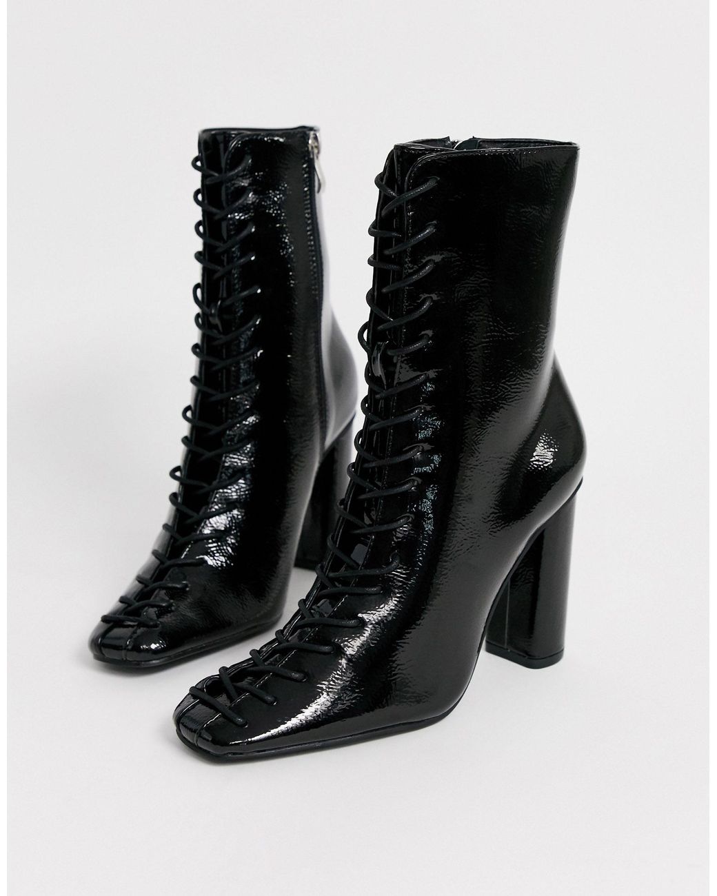 Glamorous Black Patent Lace Up Ankle Boots Lyst