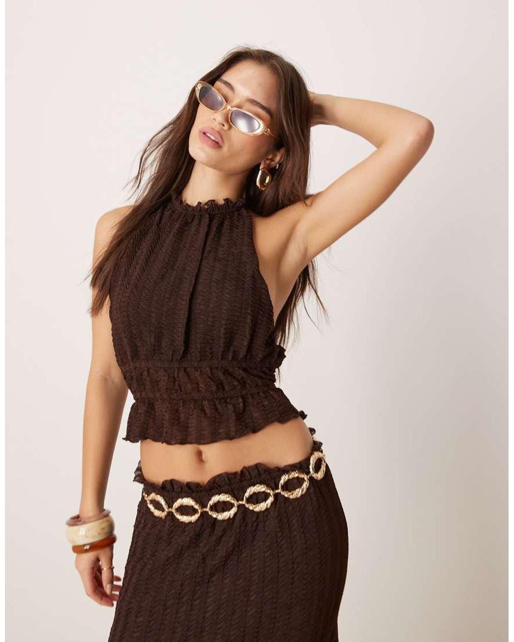 ASOS Co-ord Textured Sleeveless Halter Neck Top With Open Back in Brown ...